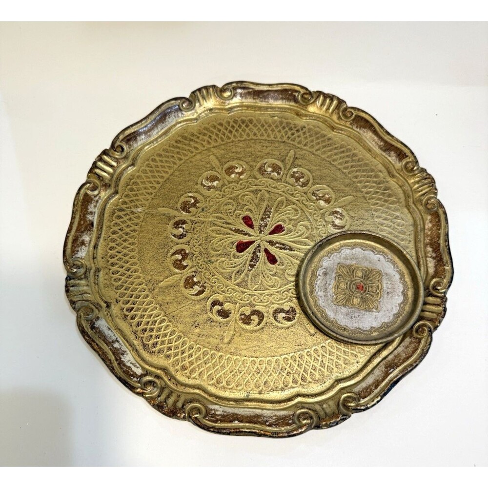Vtg Italian Gold Florentine Wood Serving Tray Red Blue Toleware 11" Hand painted - Picture 2 of 15
